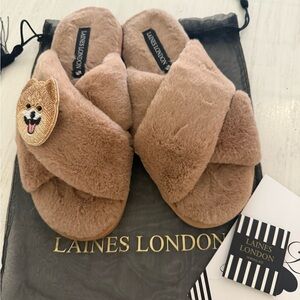 Laines London Fuzzy Brown Slippers NEW